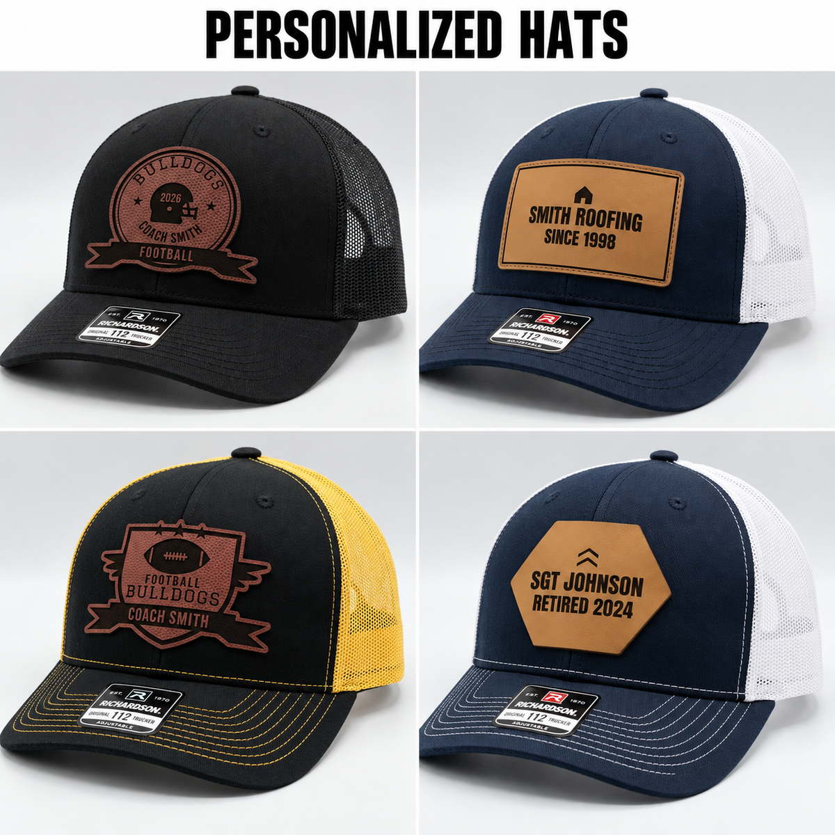 Four personalized patch hats for football coaches, companies, coaching staff and veterans, with black hats featured.