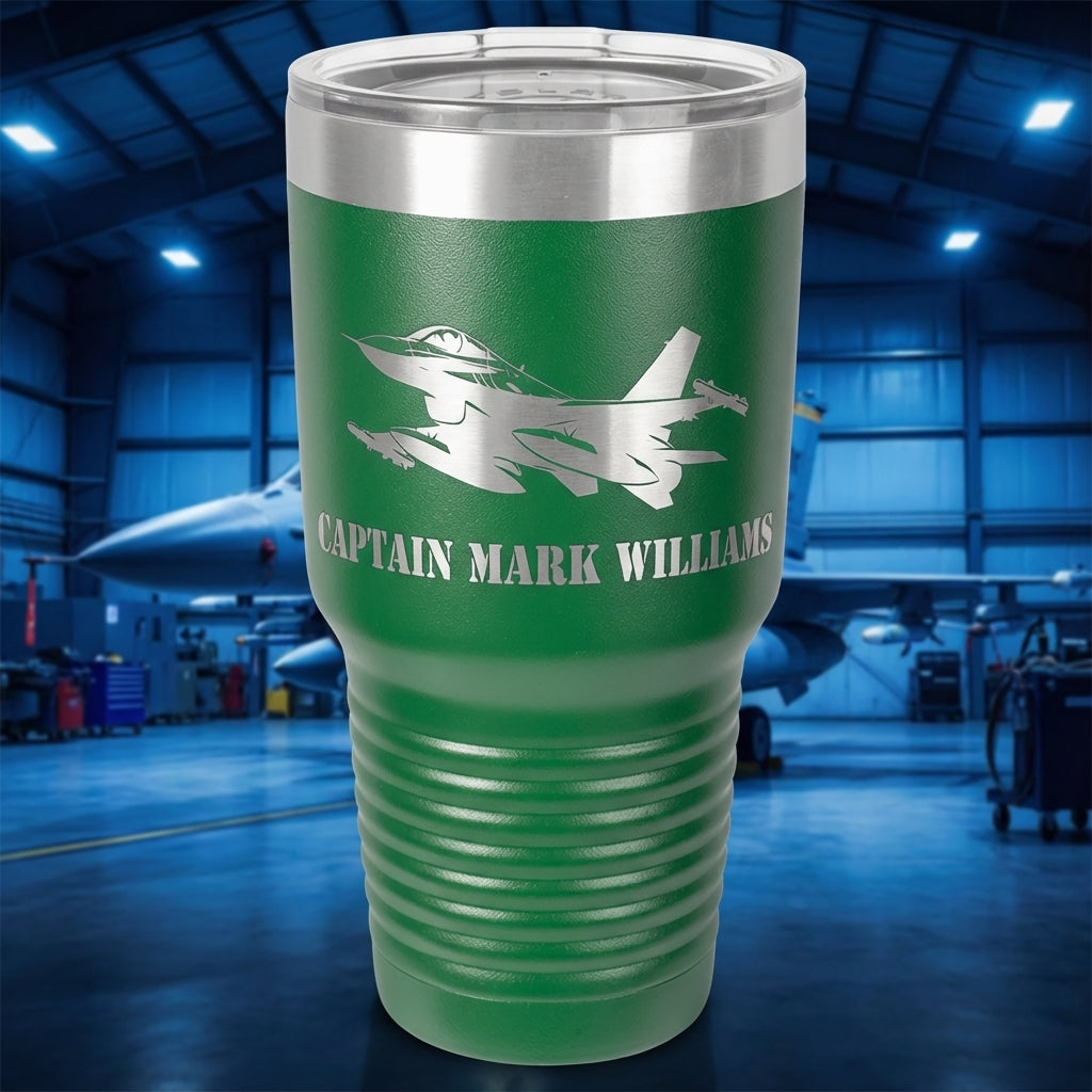 Personalized Air Force Pilot Gift Tumbler - F16 Fighter Jet Mug - Laser Engraved Military Veteran Gift - Custom Name Travel Cup - View 4