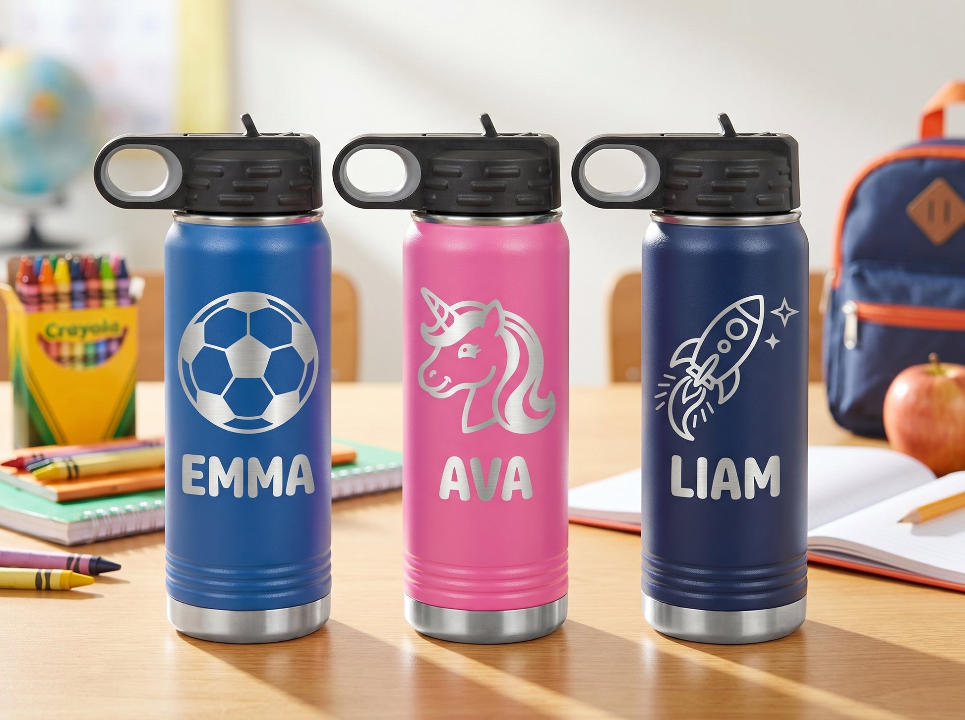 Personalized kids 20oz water bottles back to school in multiple colors