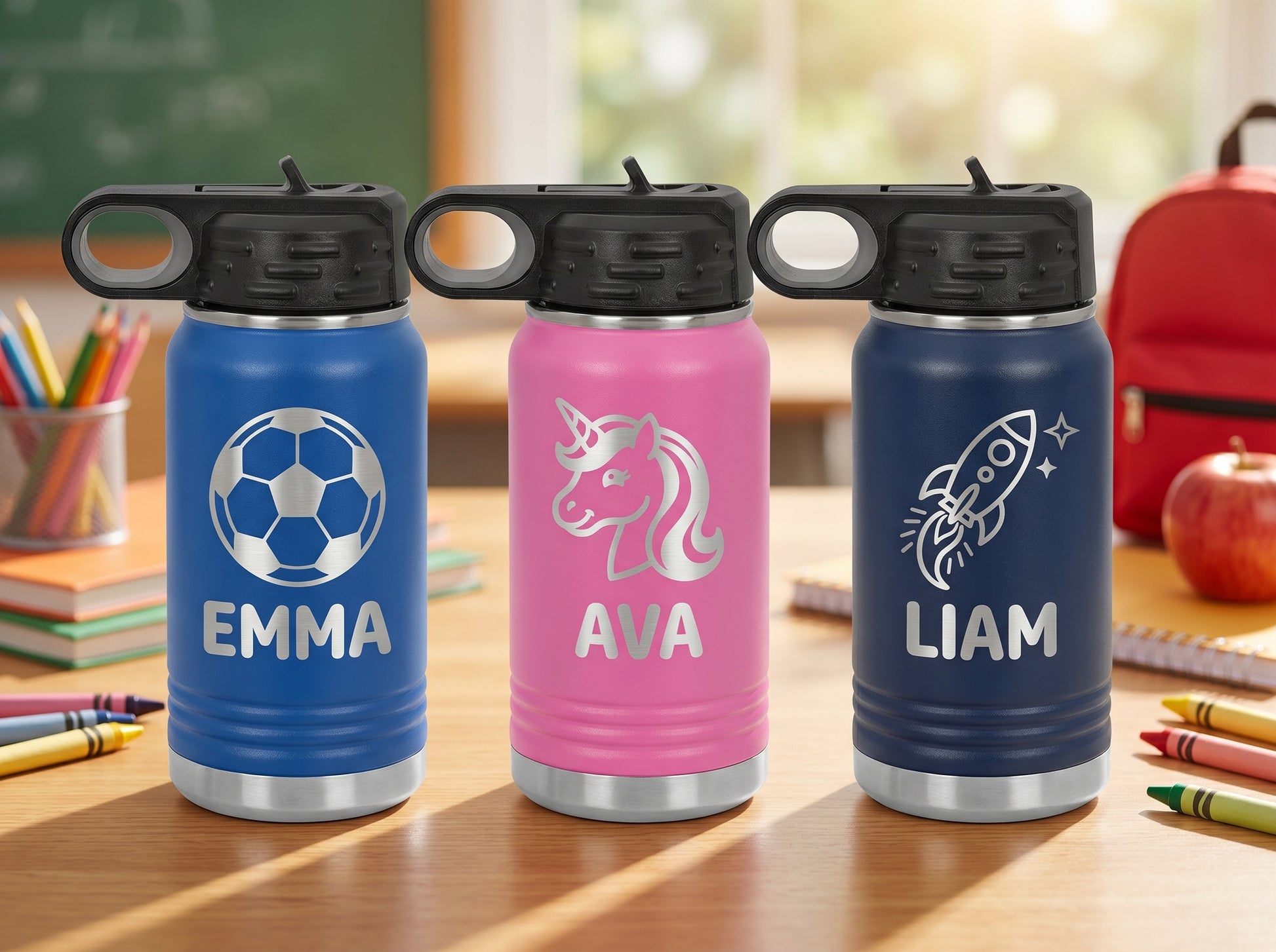 Personalized kids 12oz water bottles back to school in multiple colors