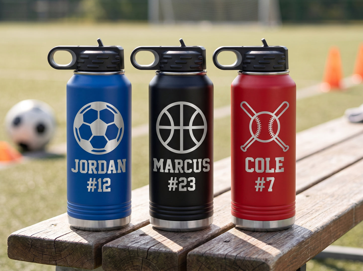 Personalized sport water bottles with engraved name and number in team colors