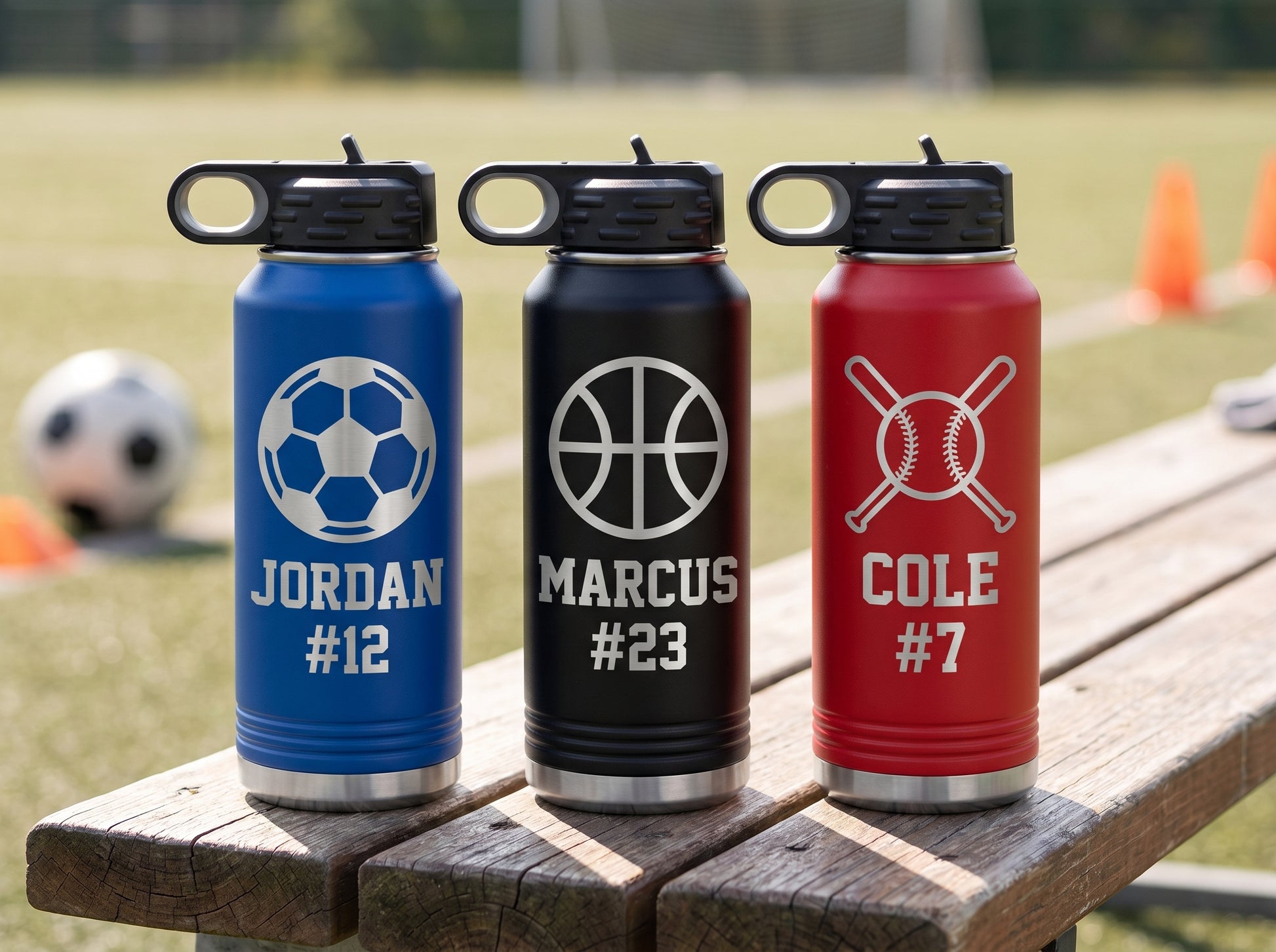 Personalized sport water bottles with engraved name and number in team colors