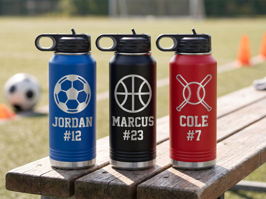 Personalized sport water bottles with engraved name and number in team colors