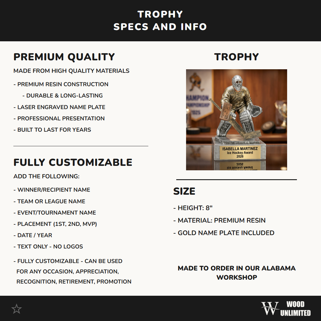 Hockey Award Trophy | Personalized Goalie | Custom Engraved | Hockey Gift | Team Award | Tournament Trophy