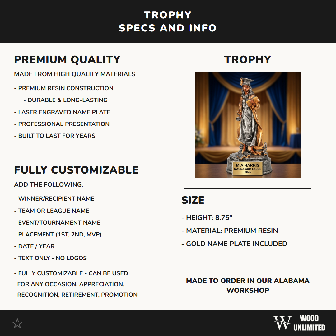 Personalized Female Graduation Trophy - 8.75" Resin Figurine