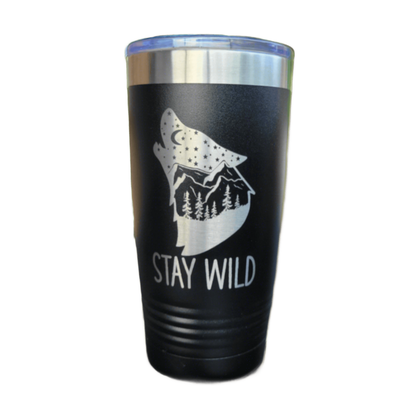Camping Themed Insulated Tumbler, Engraved 20oz Insulated Tumbler - Wolf Camping Tumbler - Stay Wild Gift for Camping Enthusiast