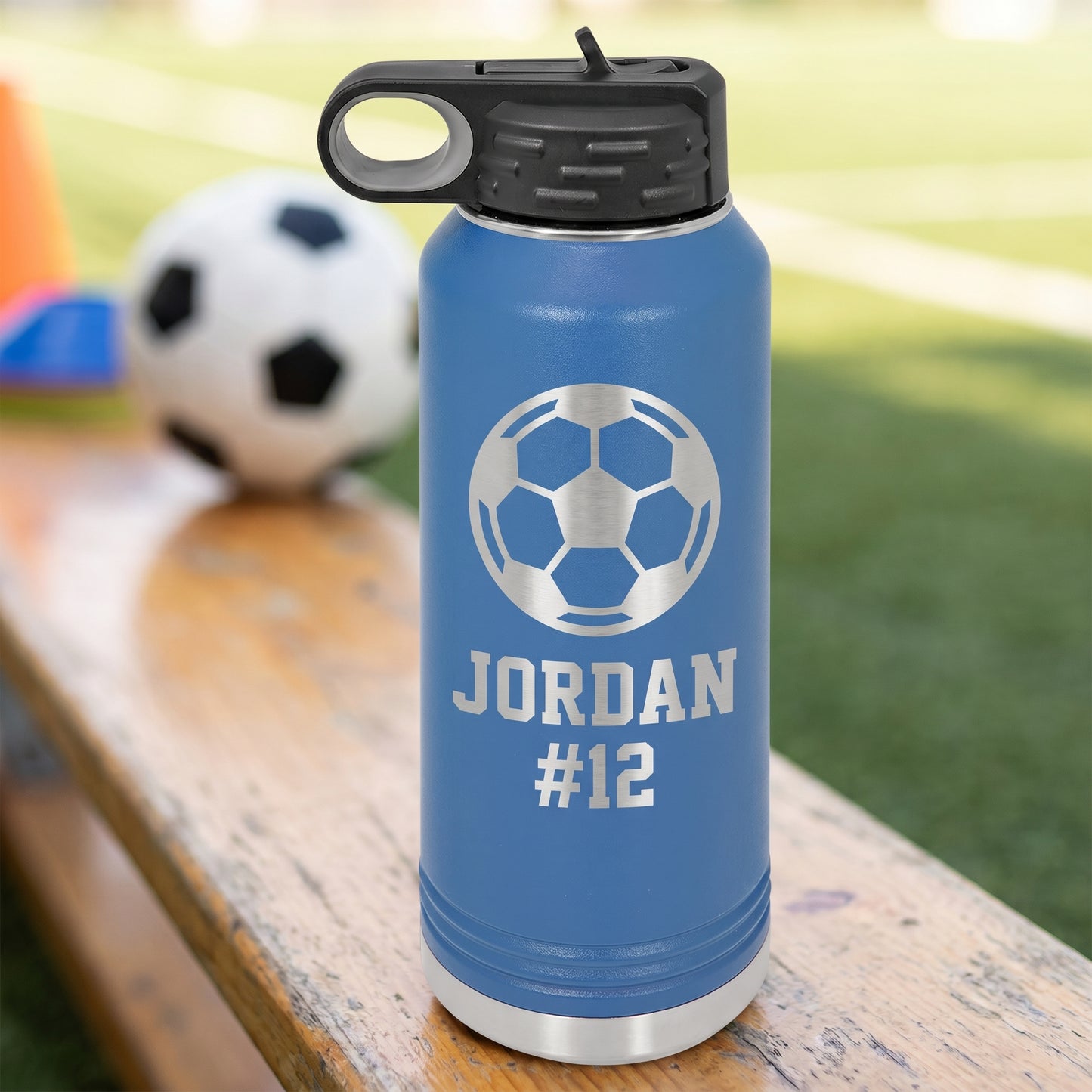 Royal blue 32oz personalized sport water bottle engraved soccer design name and number