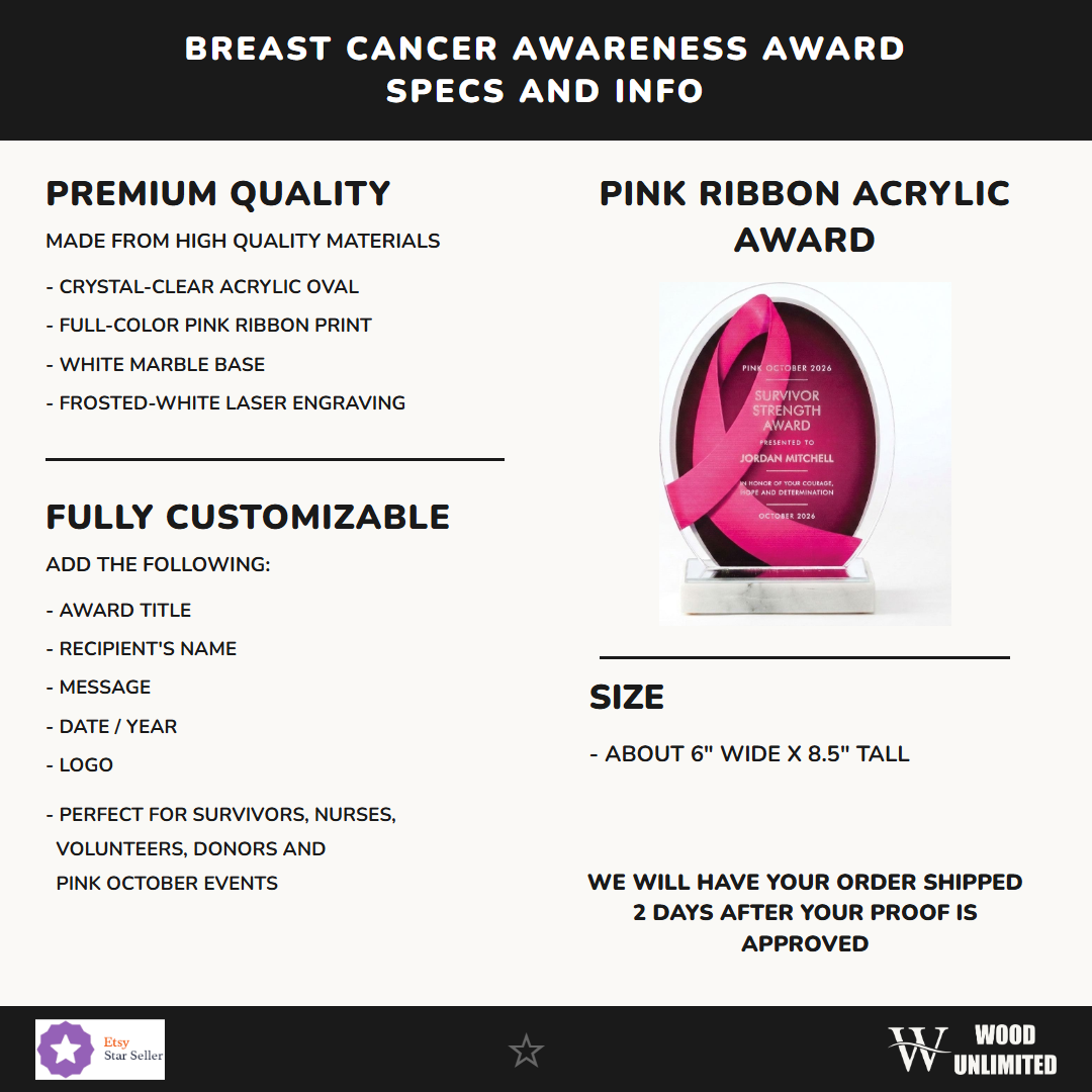 Specifications for the personalized pink ribbon breast cancer awareness acrylic award — oval clear acrylic, white marble base, frosted-white laser engraving, free digital proof