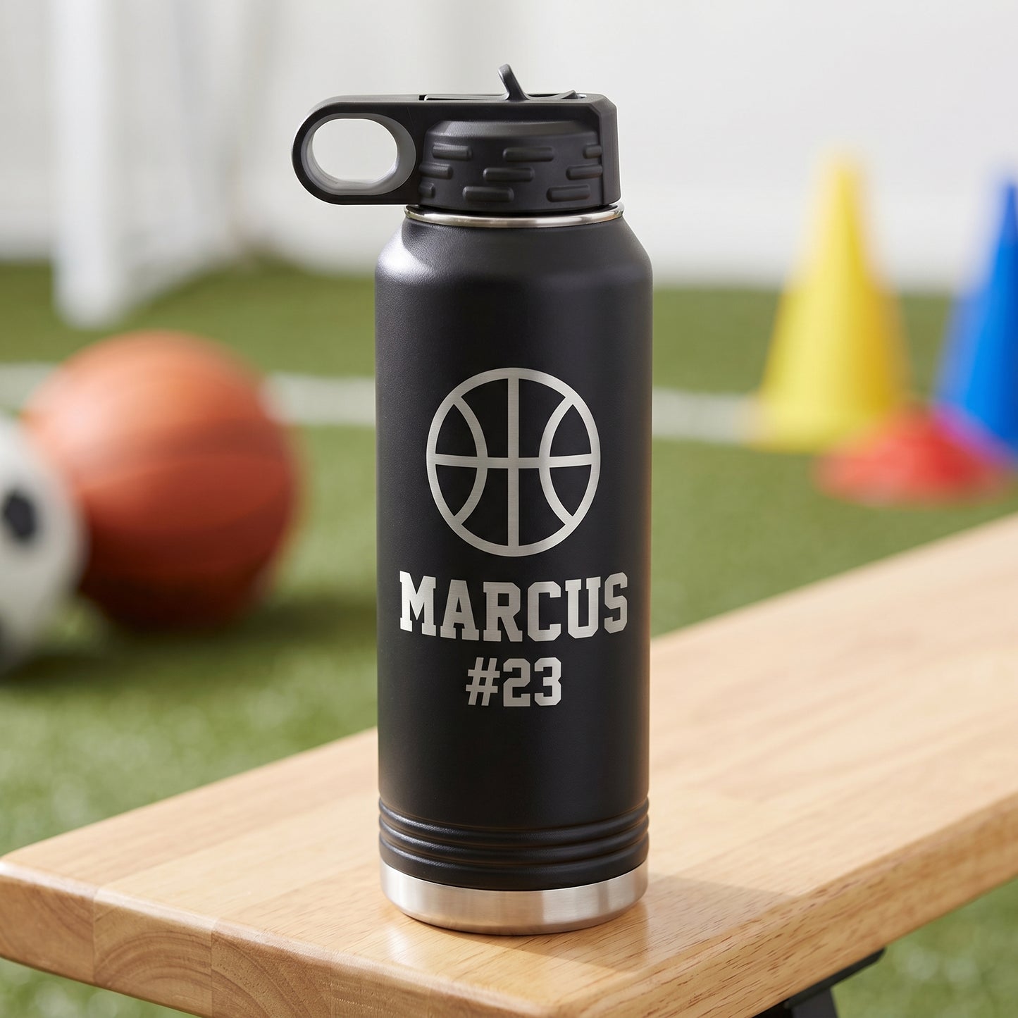 Black 32oz personalized sport water bottle engraved basketball design name and number