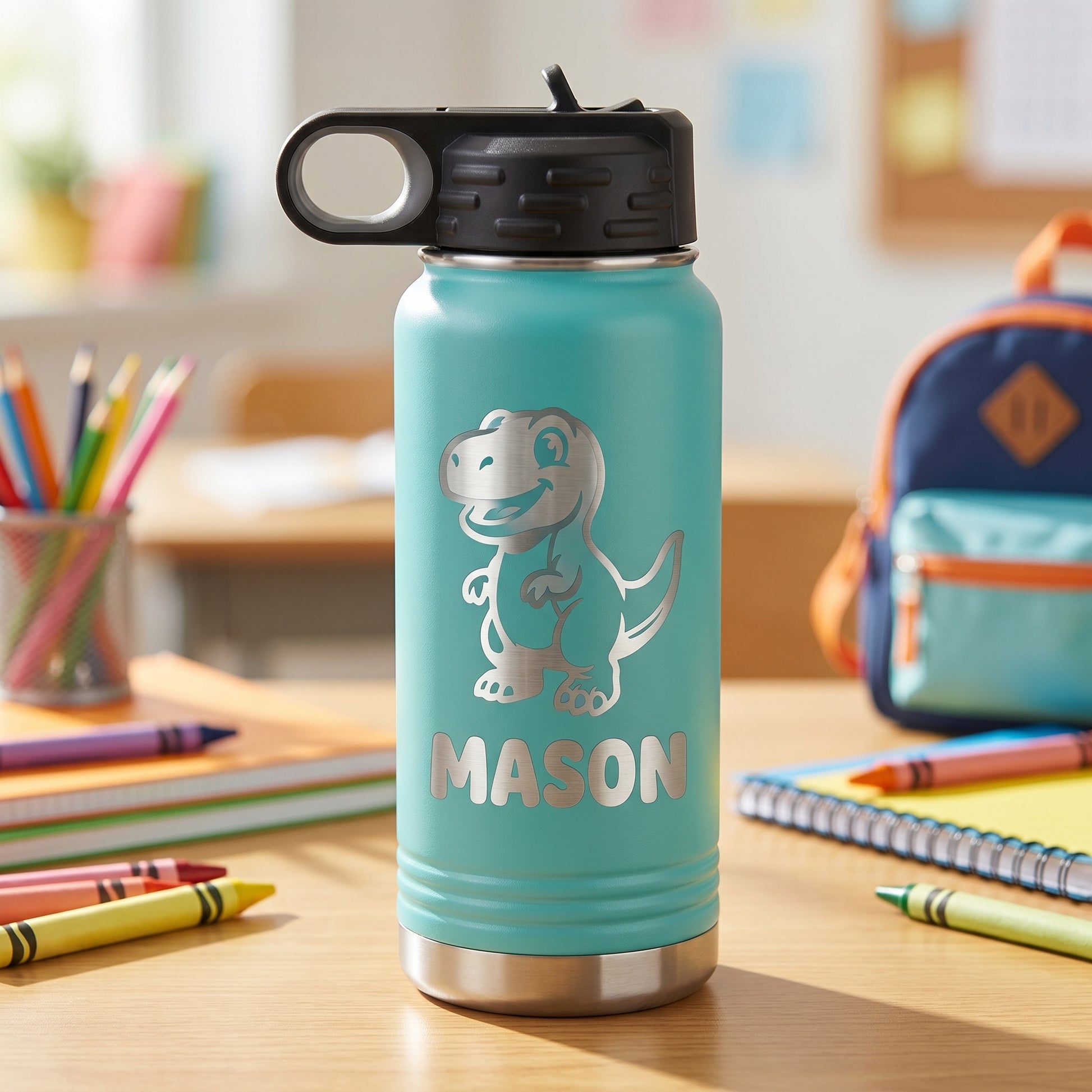 Teal personalized kids water bottle with engraved dinosaur design and name