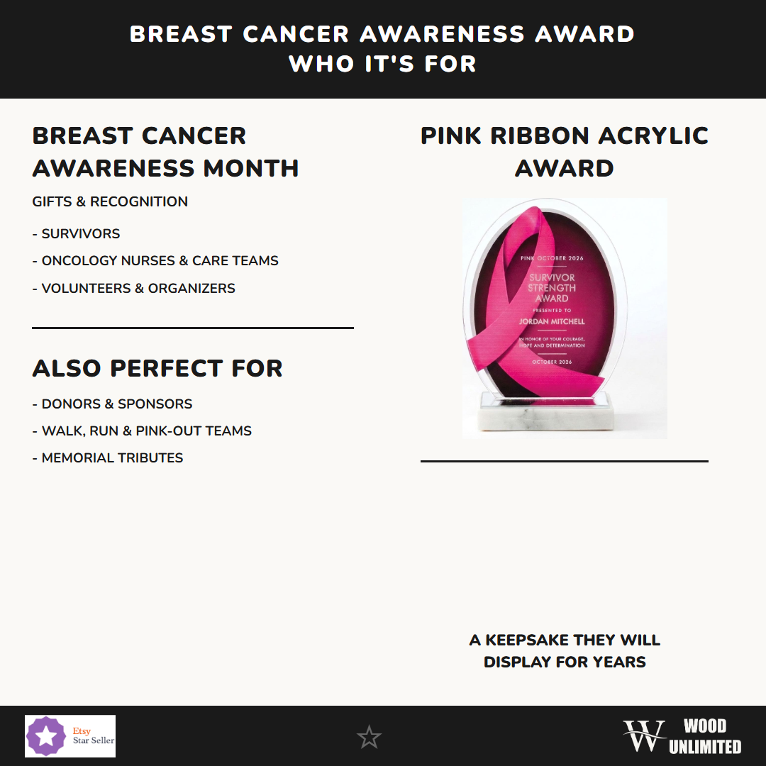 Who this pink ribbon breast cancer awareness award is for — survivors, oncology nurses, volunteers, donors, walk and run teams, and memorial tributes