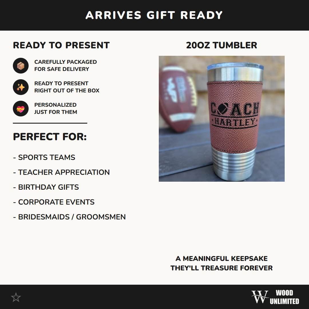 Personalized Football Tumbler! Insulated Leatherette Tumbler with Football Texture Gift For Coach! 20oz Football Coach Gift!