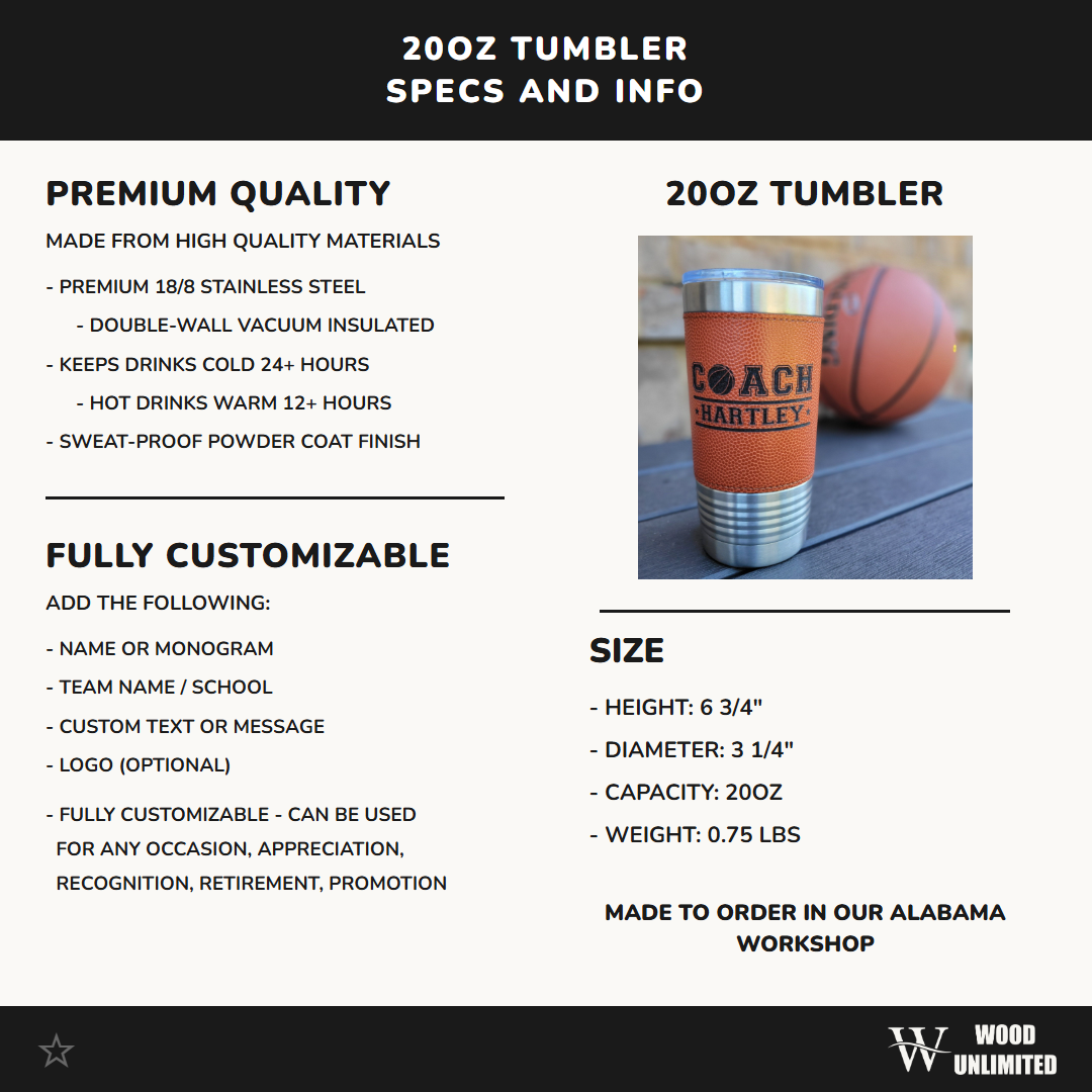 Personalized Basketball Tumbler! Insulated Leatherette Tumbler with Basketball Texture Gift For Coach! 20oz Basketball Coach Gift!
