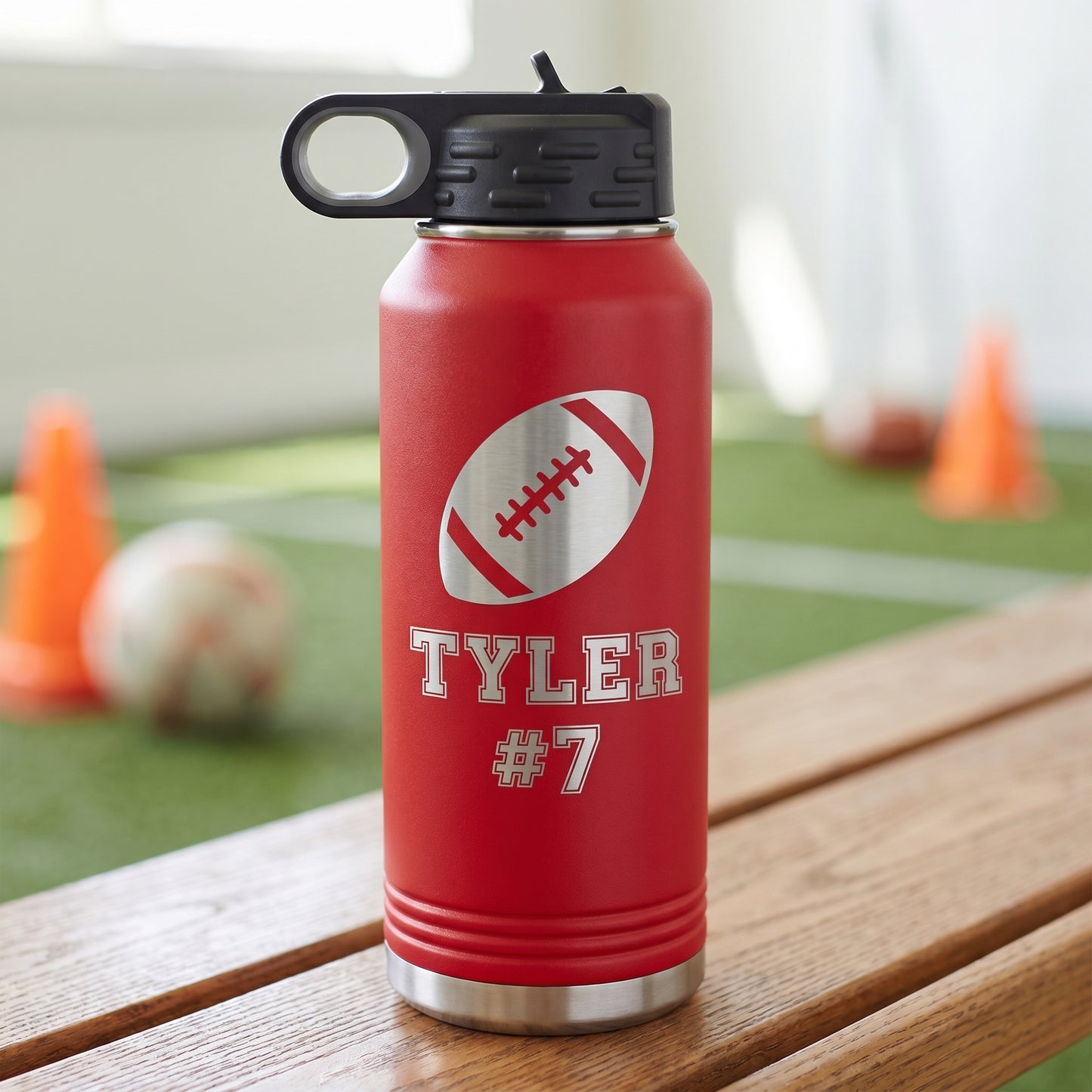 Red 32oz personalized sport water bottle engraved football design name and number