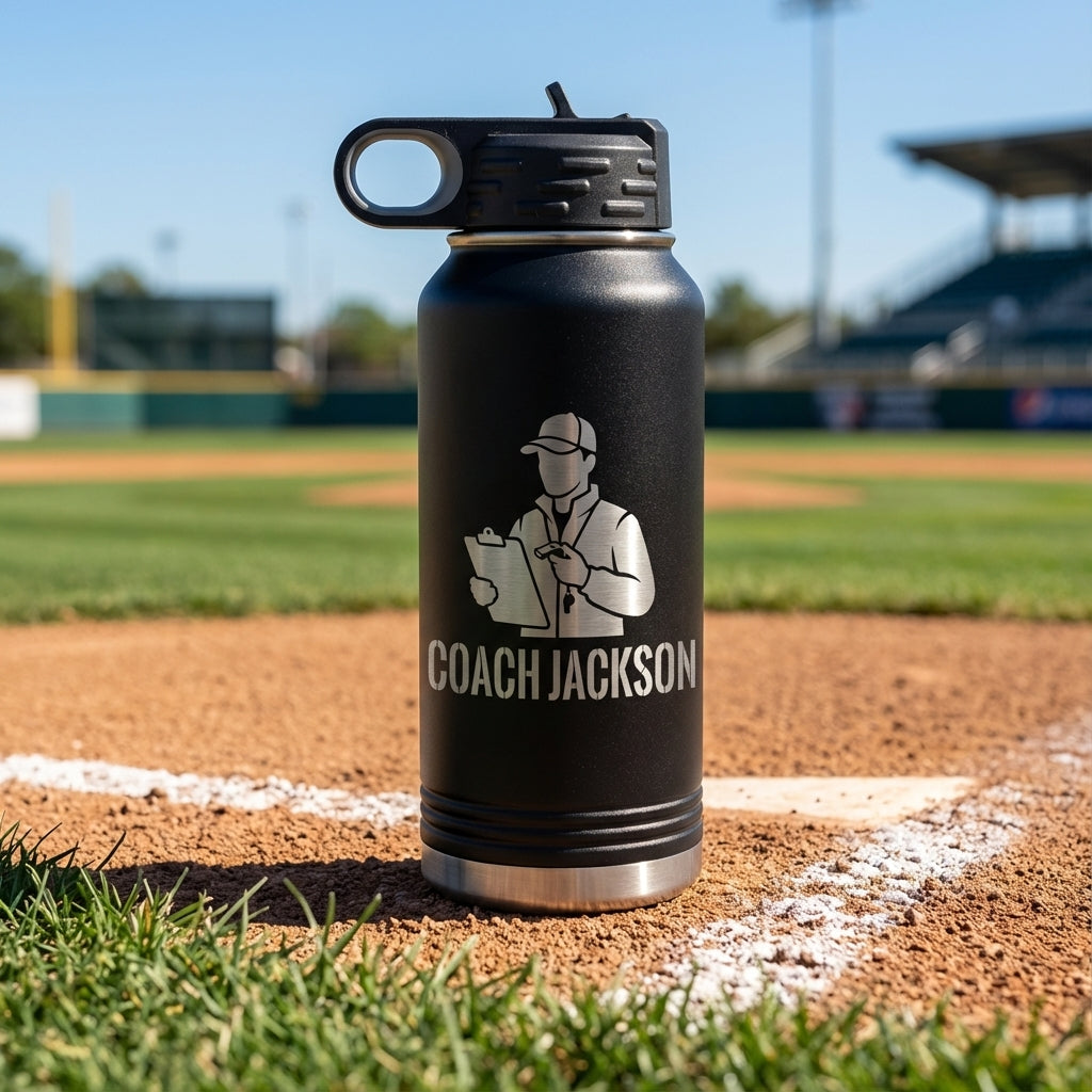 Personalized Baseball Coach Water Bottle Gift, End of Season Coach Appreciation, Custom Laser Engraved, Team Gift for Coach - View 1