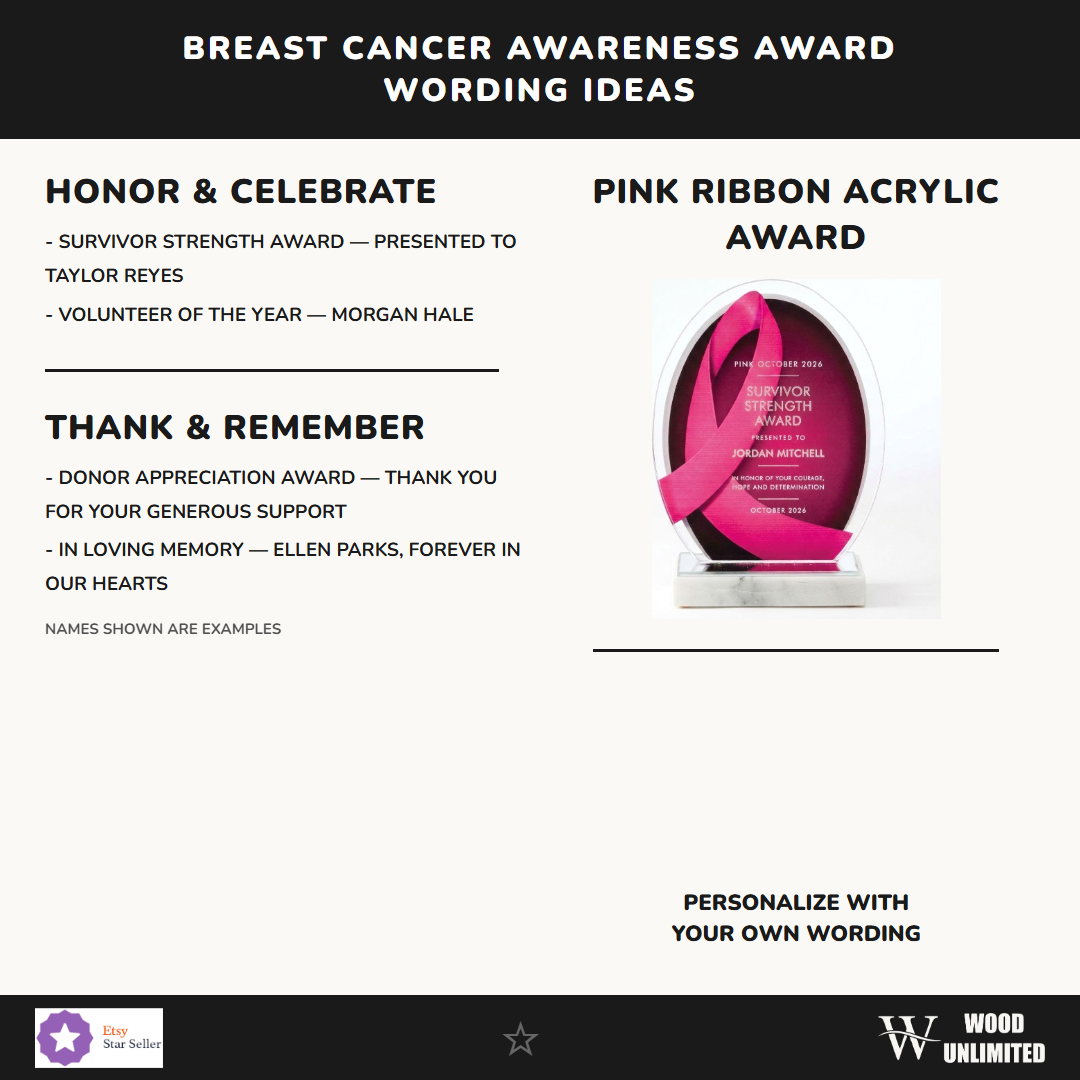 Sample wording ideas for a personalized breast cancer awareness acrylic award — Survivor Strength Award, Volunteer of the Year, Donor Appreciation, and In Loving Memory layouts