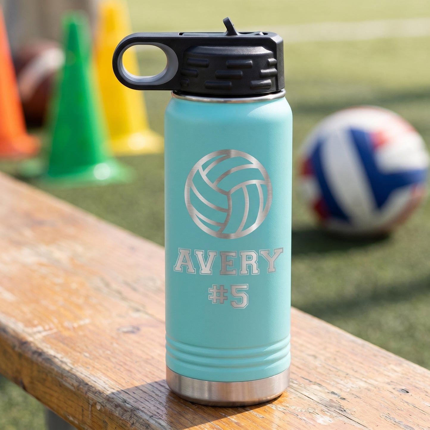 Teal 20oz personalized sport water bottle engraved volleyball design name and number