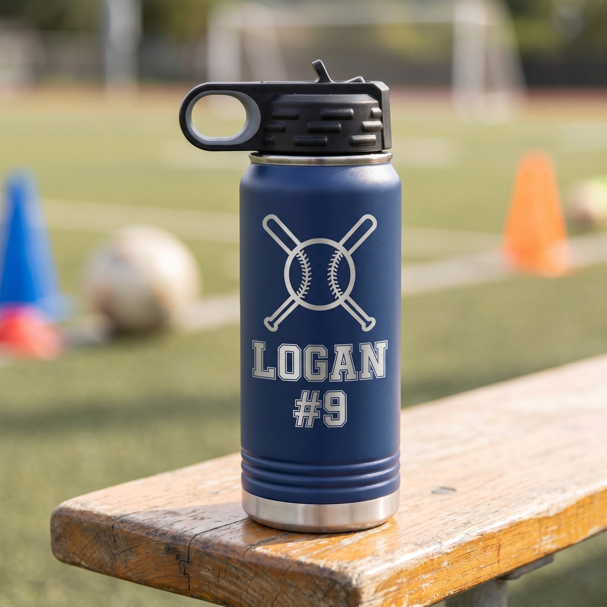 Navy 20oz personalized sport water bottle engraved baseball design name and number