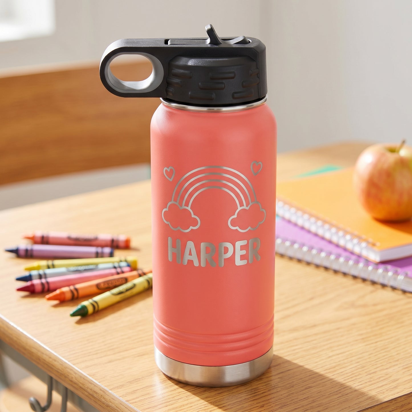 Coral personalized kids water bottle with engraved rainbow hearts design and name