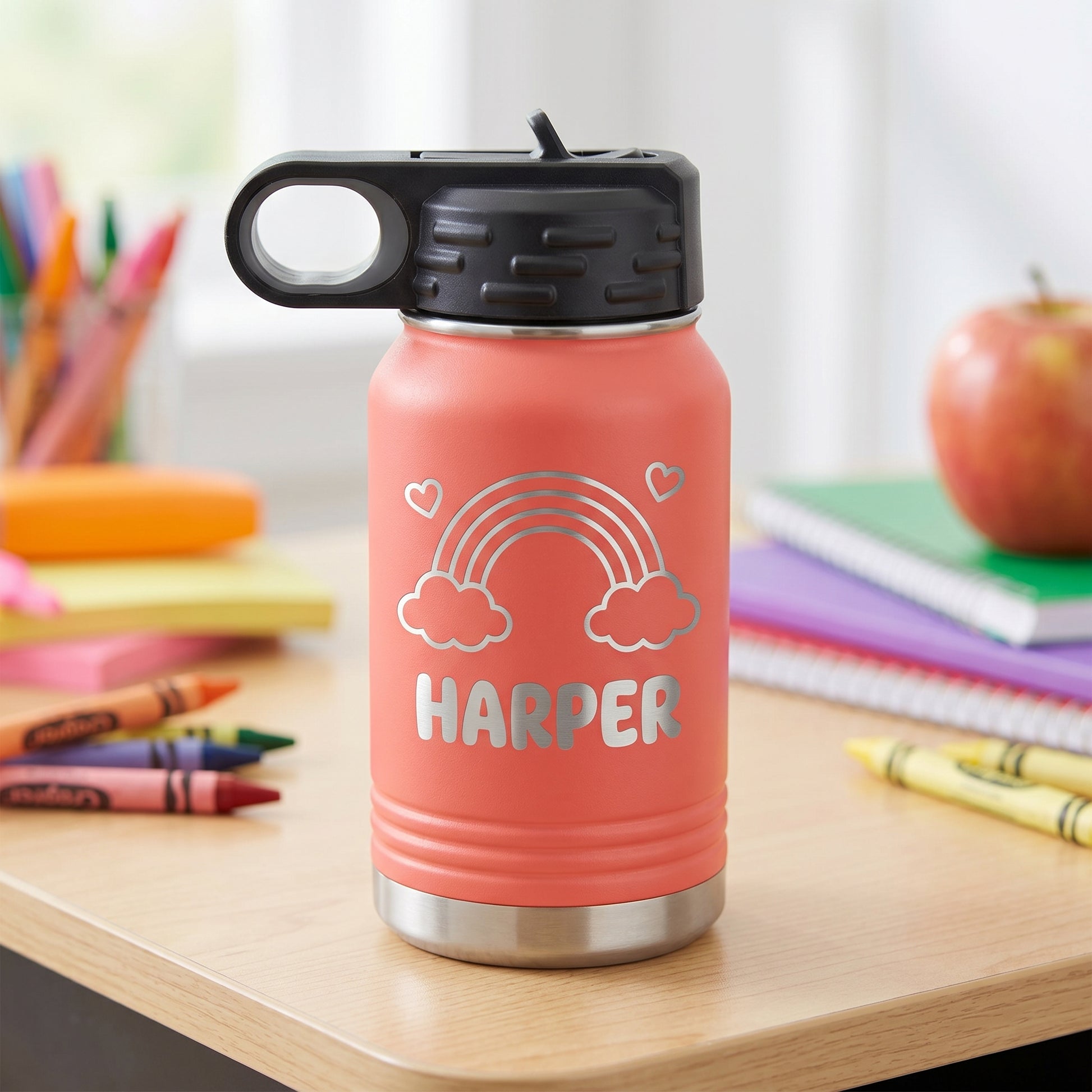 Coral personalized kids 12oz water bottle with engraved rainbow hearts design and name