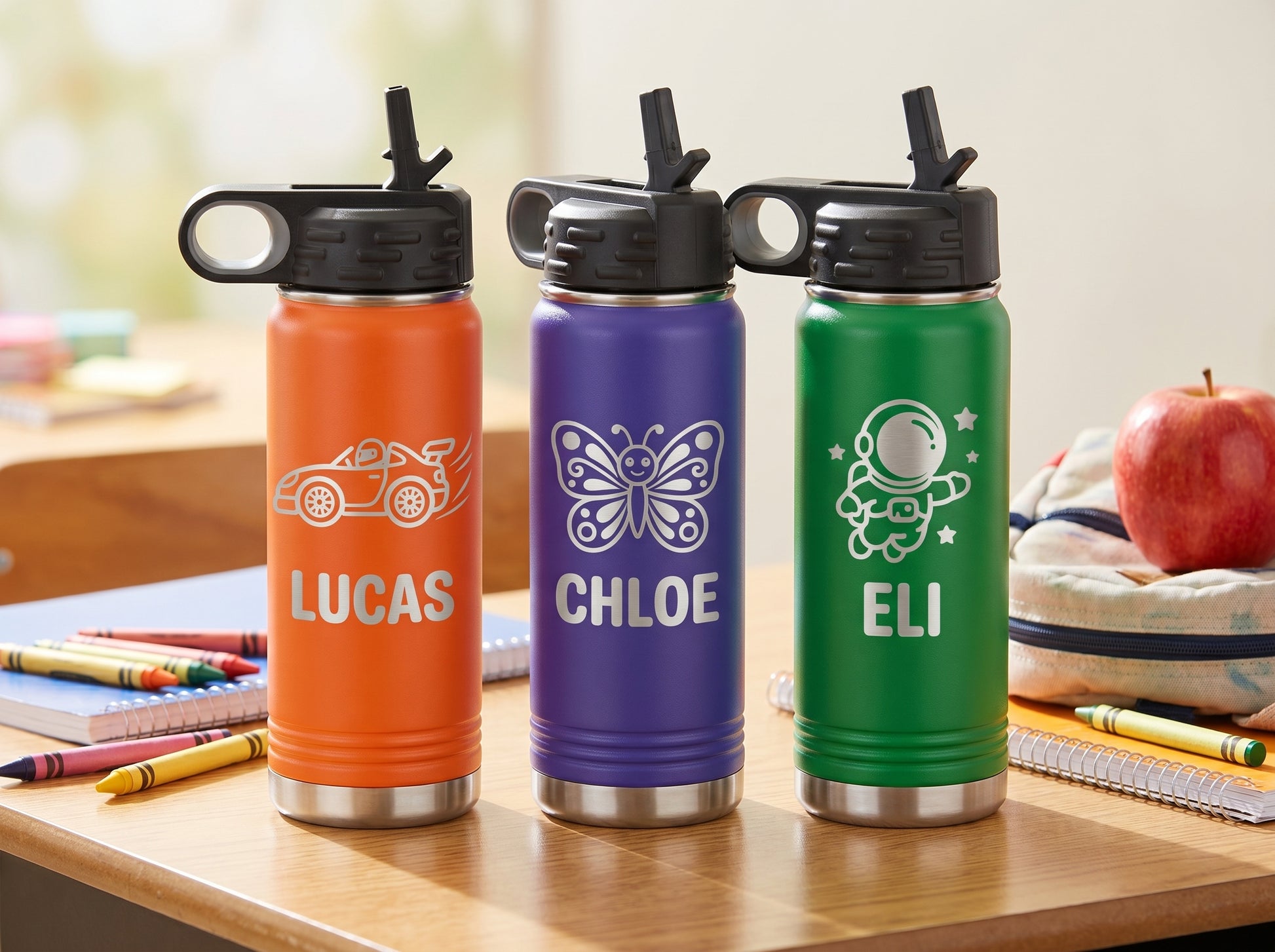 Group of personalized engraved kids water bottles for daycare and school