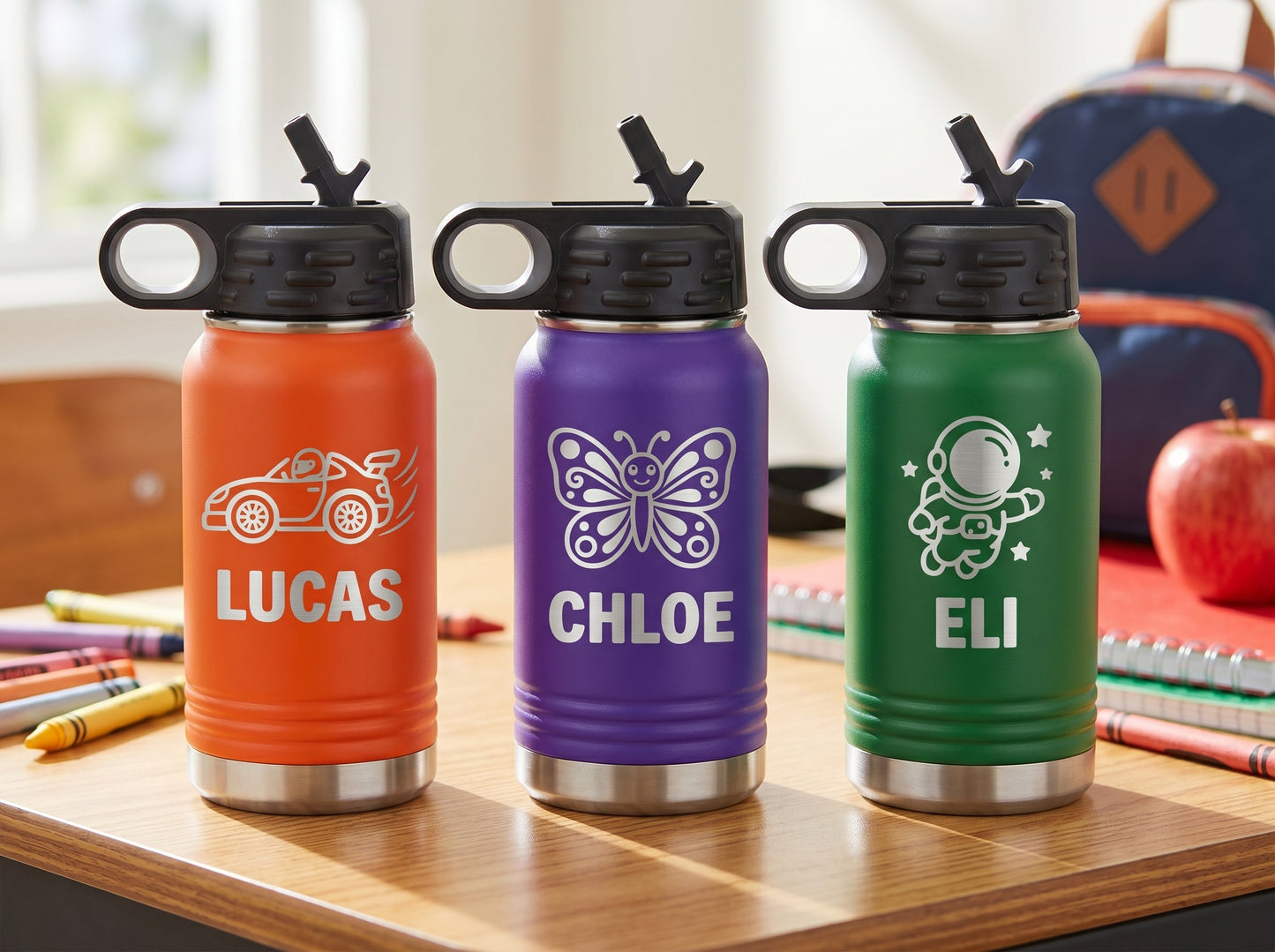 Group of personalized engraved kids 12oz water bottles for daycare and preschool