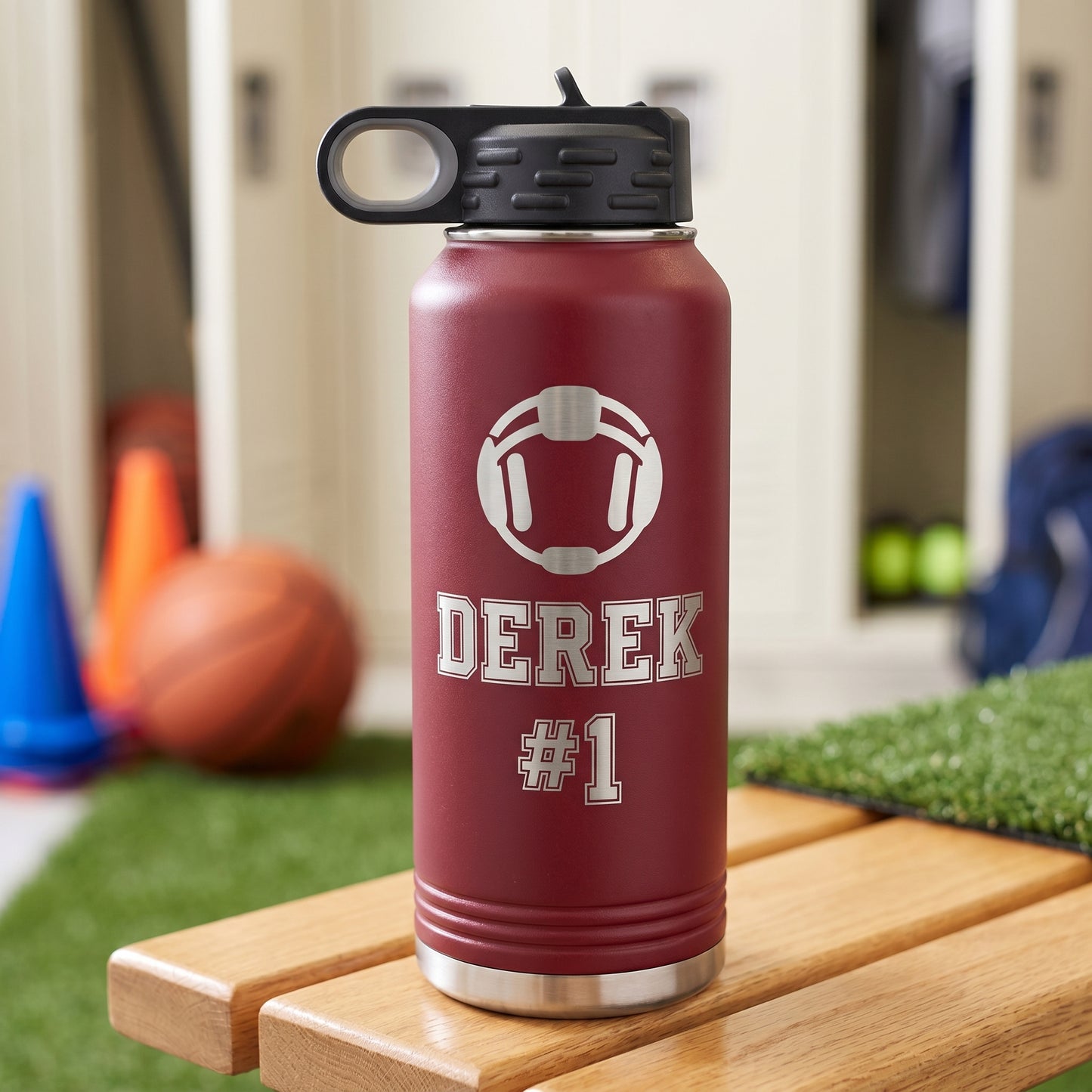 Maroon 32oz personalized sport water bottle engraved wrestling design name and number