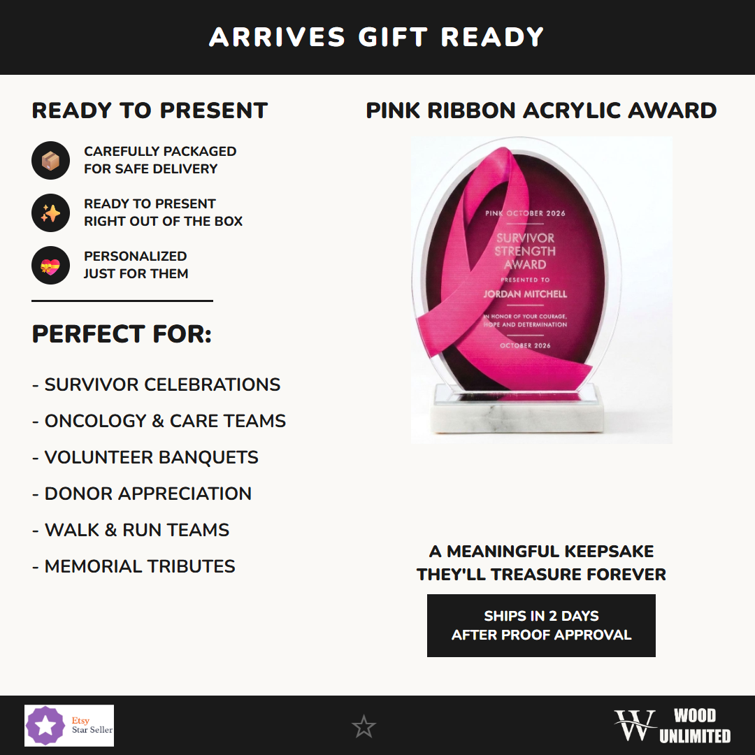 Gift-ready personalized pink ribbon breast cancer awareness acrylic award, arrives carefully packaged and ready to present at survivor and volunteer recognition events