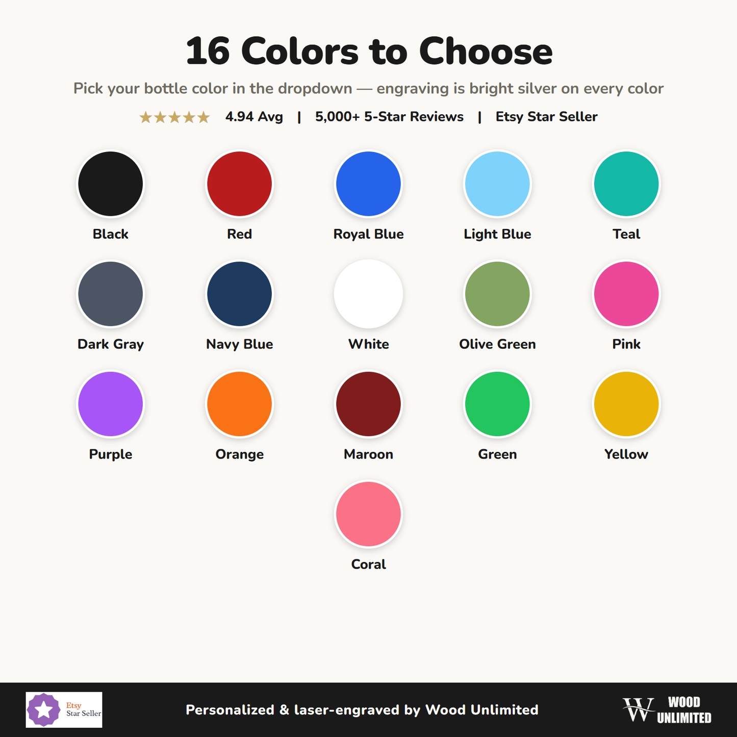 16 powder coat colors for personalized engraved sport water bottle