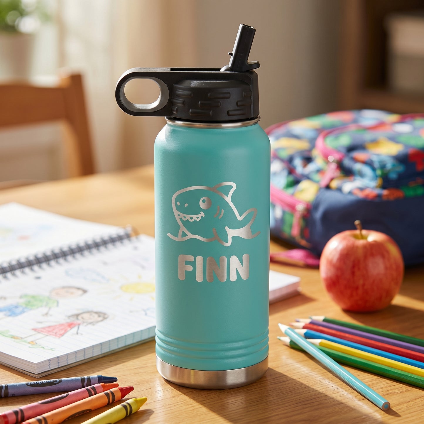 Kid holding teal personalized water bottle with engraved shark design at school