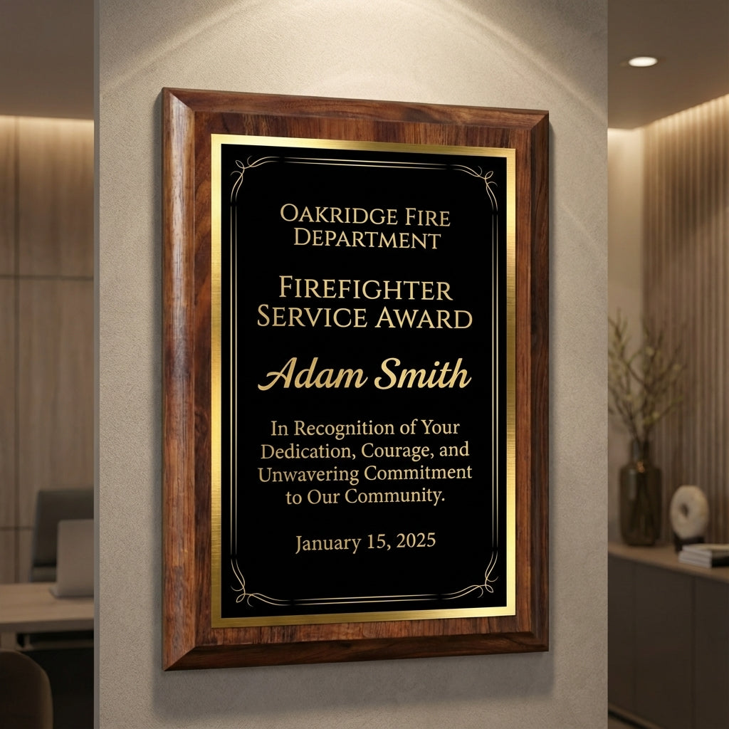 Personalized Firefighter Award Plaque - Service Anniversary Gift - Engraved Wood Hero Recognition - Custom Name - View 2
