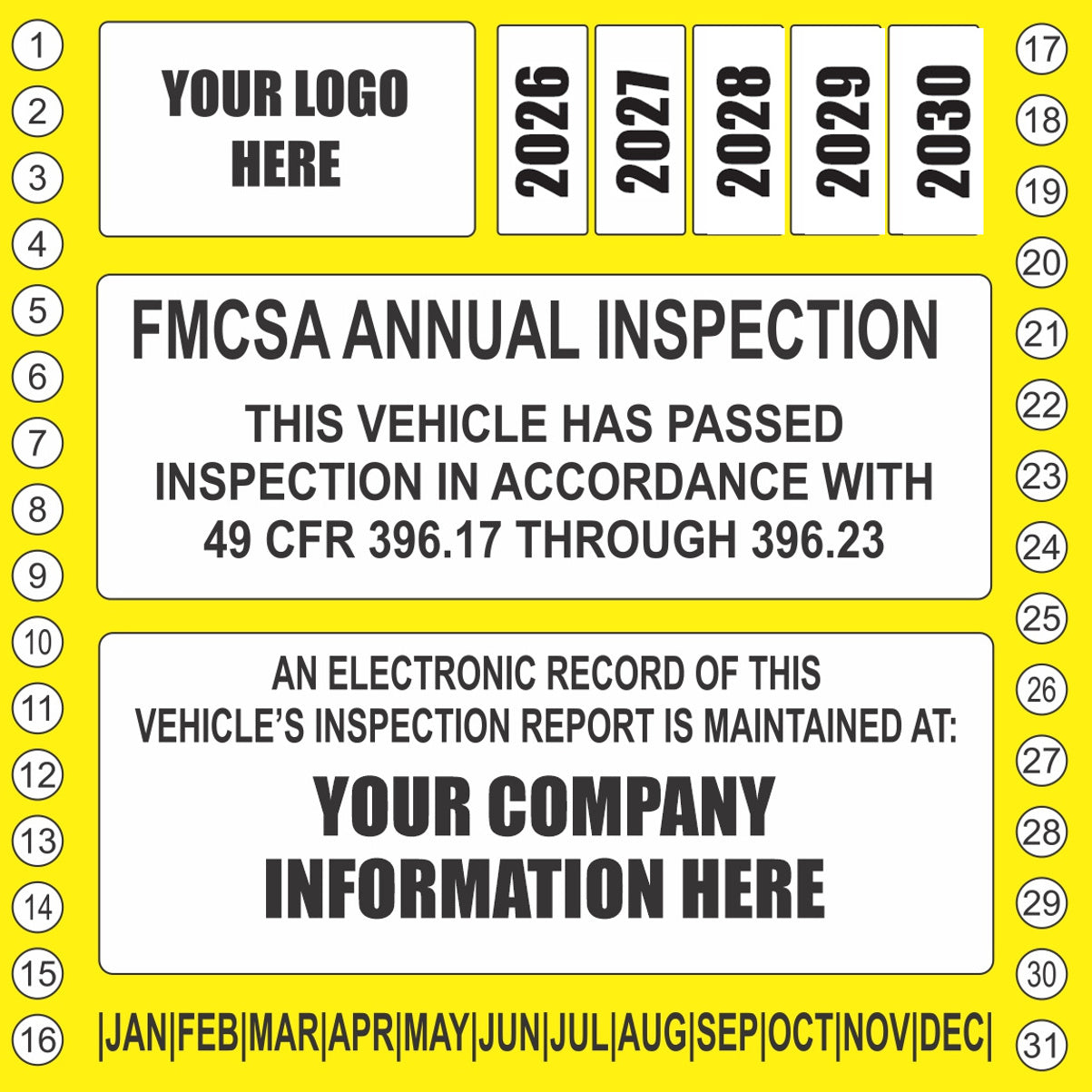 Yellow FMCSA annual inspection sticker with custom company information for DOT compliance