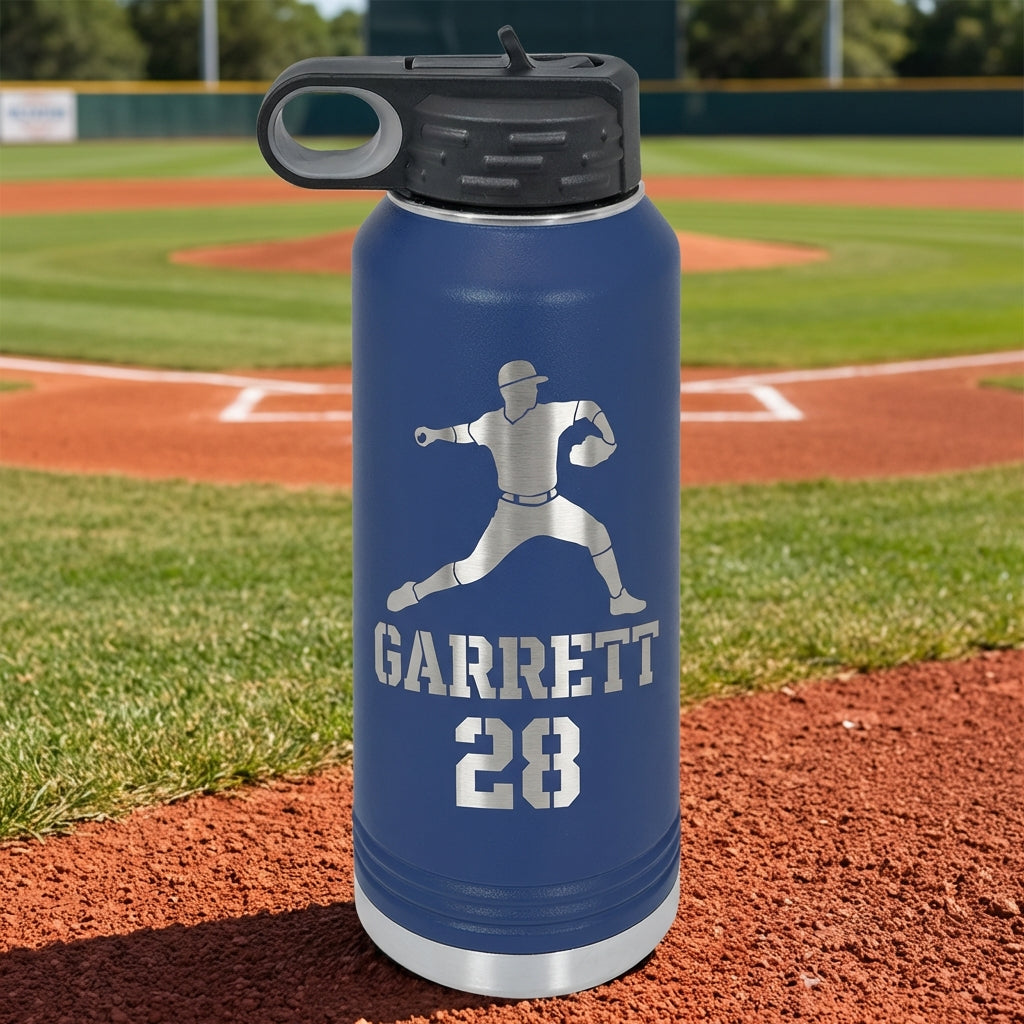 Personalized Baseball Player Water Bottle Gift - Custom Laser Engraved Pitcher Hydration Bottle - Team Coach Thank You End of Season Gift - View 5
