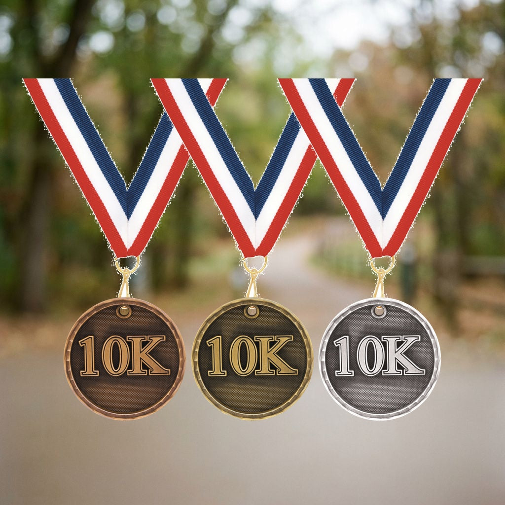 Personalized 10K Medals with Neck Ribbon - Gold Silver Bronze - Custom Engraved