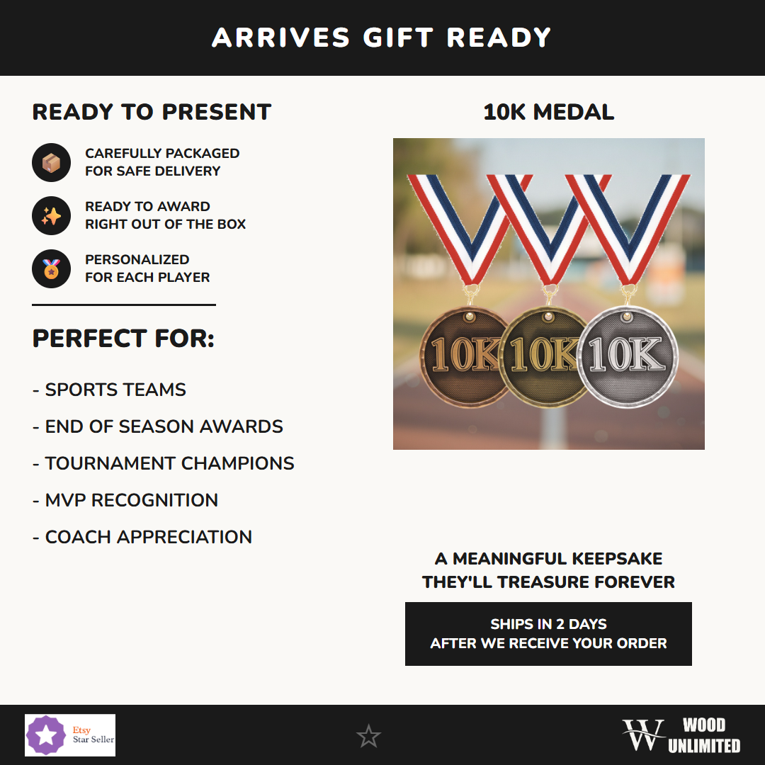 Personalized 10K Medals with Neck Ribbon - Gold Silver Bronze - Custom Engraved