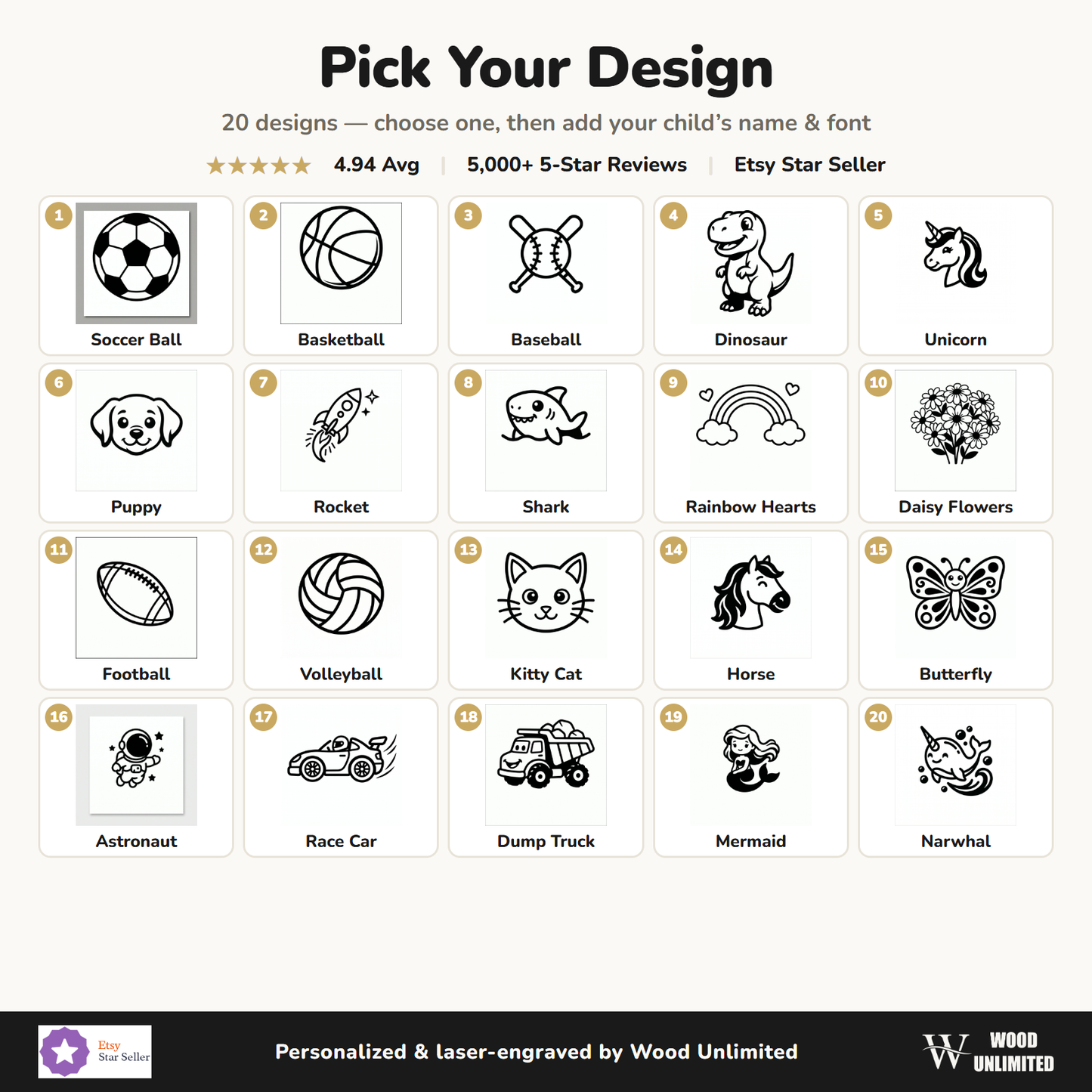 Pick your design chart 20 kid designs for engraved water bottle