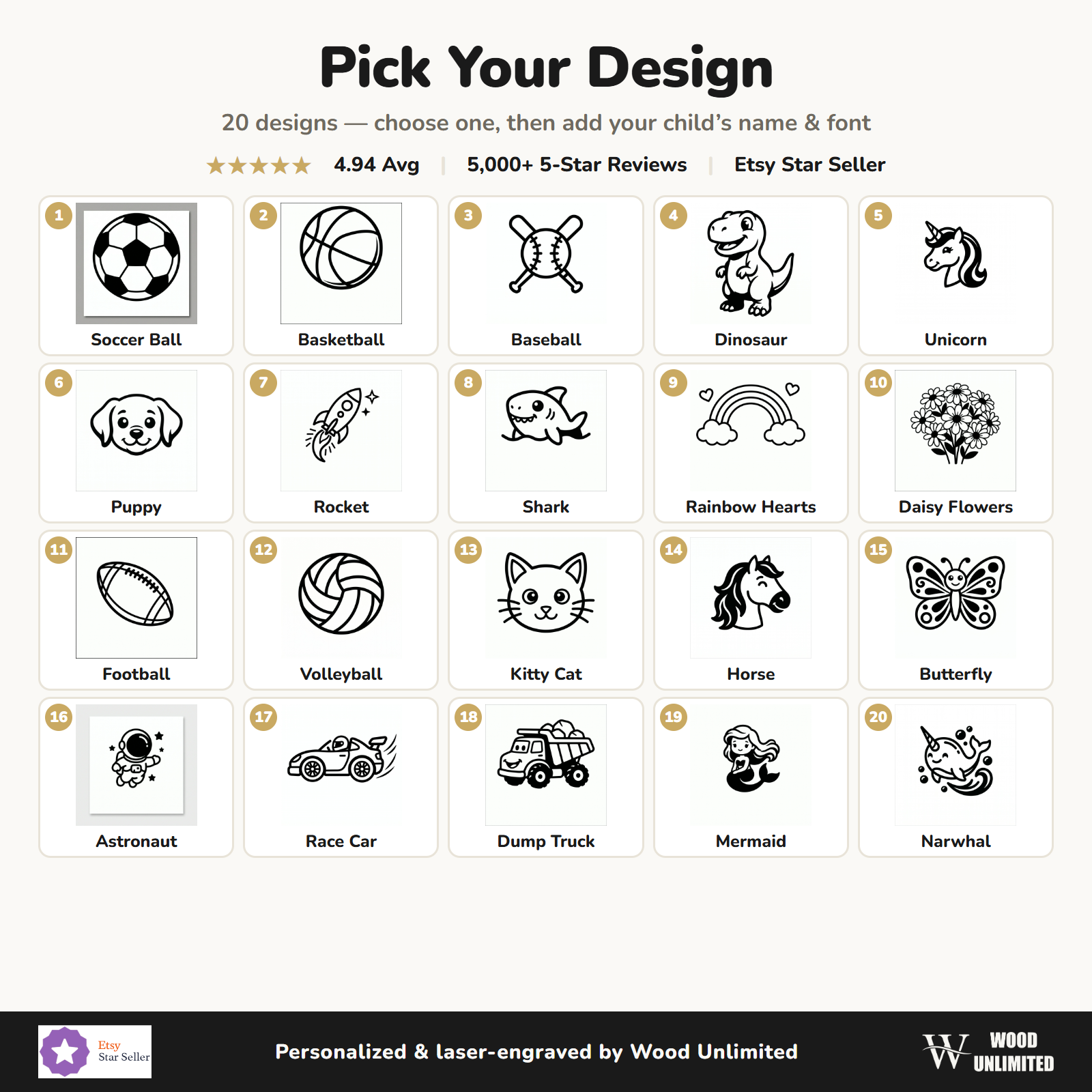 Pick your design chart 20 kid designs for engraved 12oz water bottle
