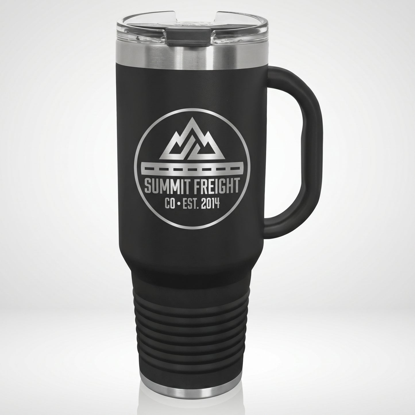 Custom Branded 40oz Travel Tumbler with Handle laser-engraved with a company logo
