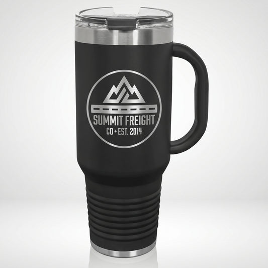 Custom Branded 40oz Travel Tumbler with Handle laser-engraved with a company logo