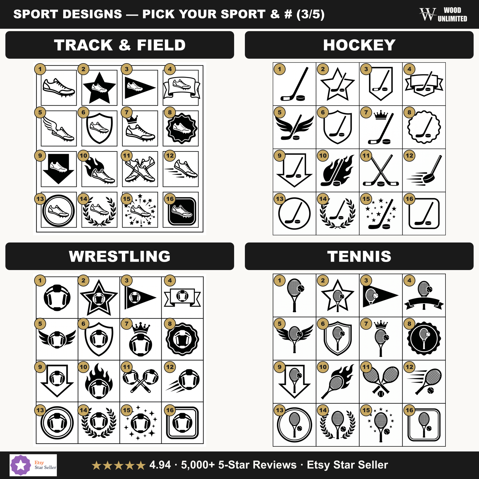 Sport design sheet track hockey wrestling tennis pick a number