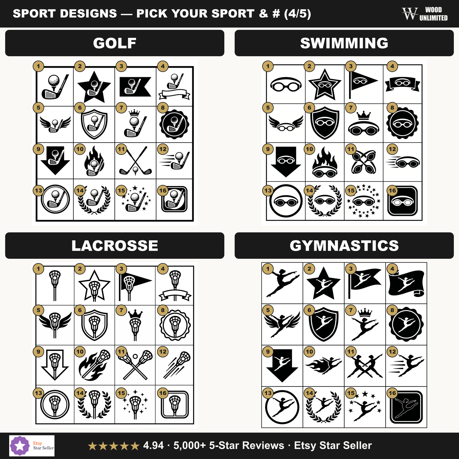 Sport design sheet golf swimming lacrosse gymnastics pick a number