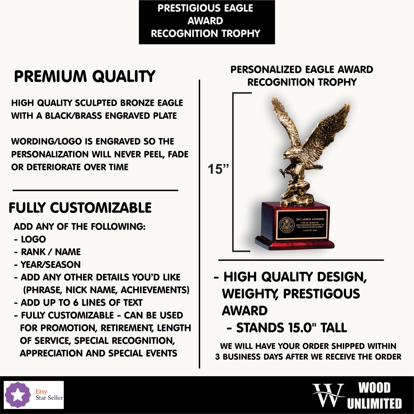 Military Appreciation Recognition Eagle Award, Antique Bronze Finished Eagle Trophy, Patriotic Award for Army, Navy, Air Force, Marines & Coast Guard