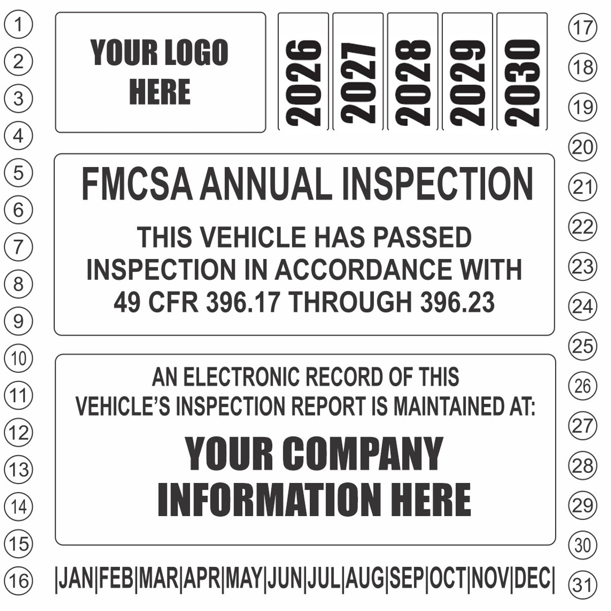 White FMCSA annual inspection sticker for trucks with punch-style 2026-2030 year boxes and logo area