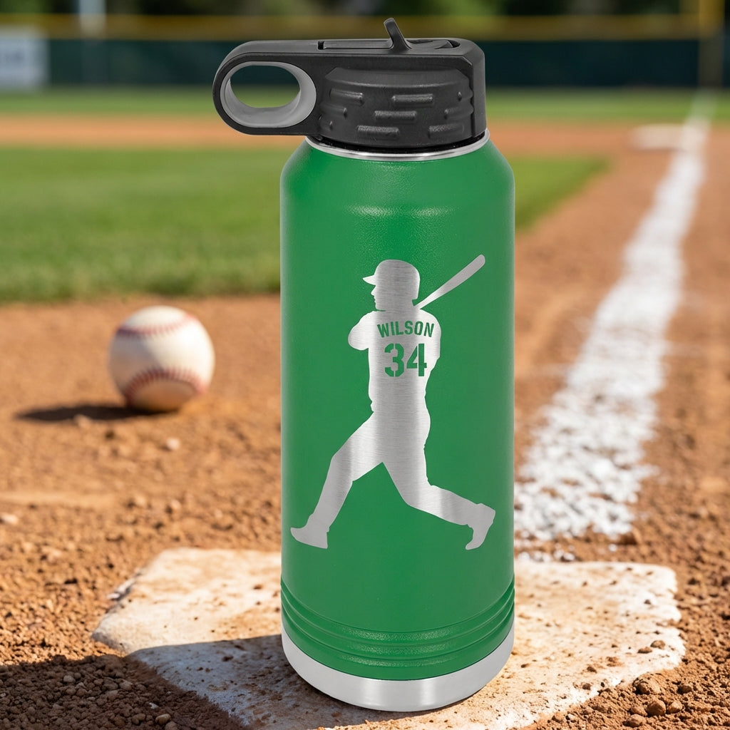 Personalized Baseball Player Water Bottle Gift - Custom Laser Engraved Name & Number - Durable 32oz Sport Hydration - View 6
