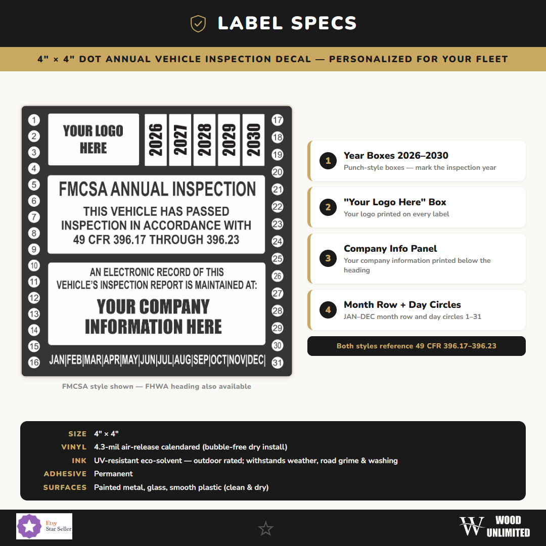 FMCSA FHWA inspection label specs, 4x4 inch 4.3-mil air-release vinyl with UV-resistant ink and 2026-2030 year boxes