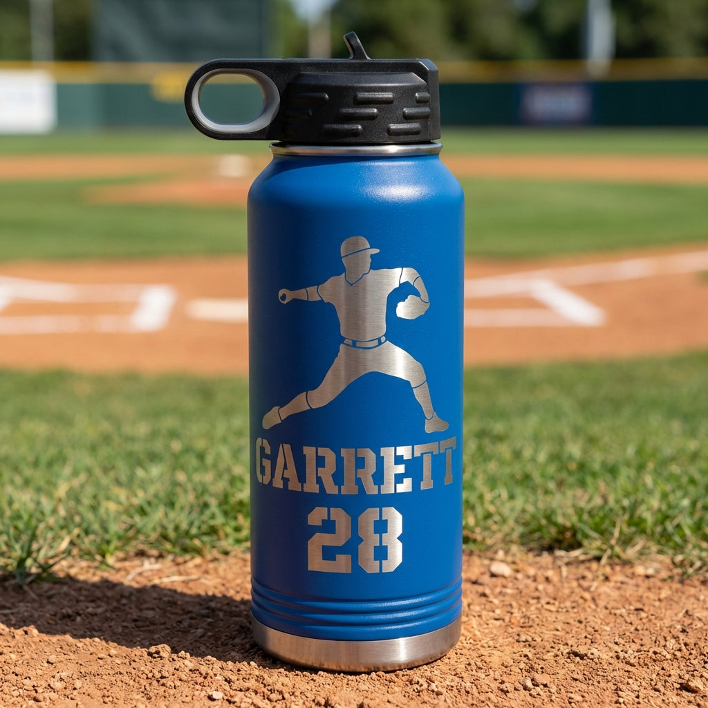 Personalized Baseball Player Water Bottle Gift - Custom Laser Engraved Pitcher Hydration Bottle - Team Coach Thank You End of Season Gift - View 3