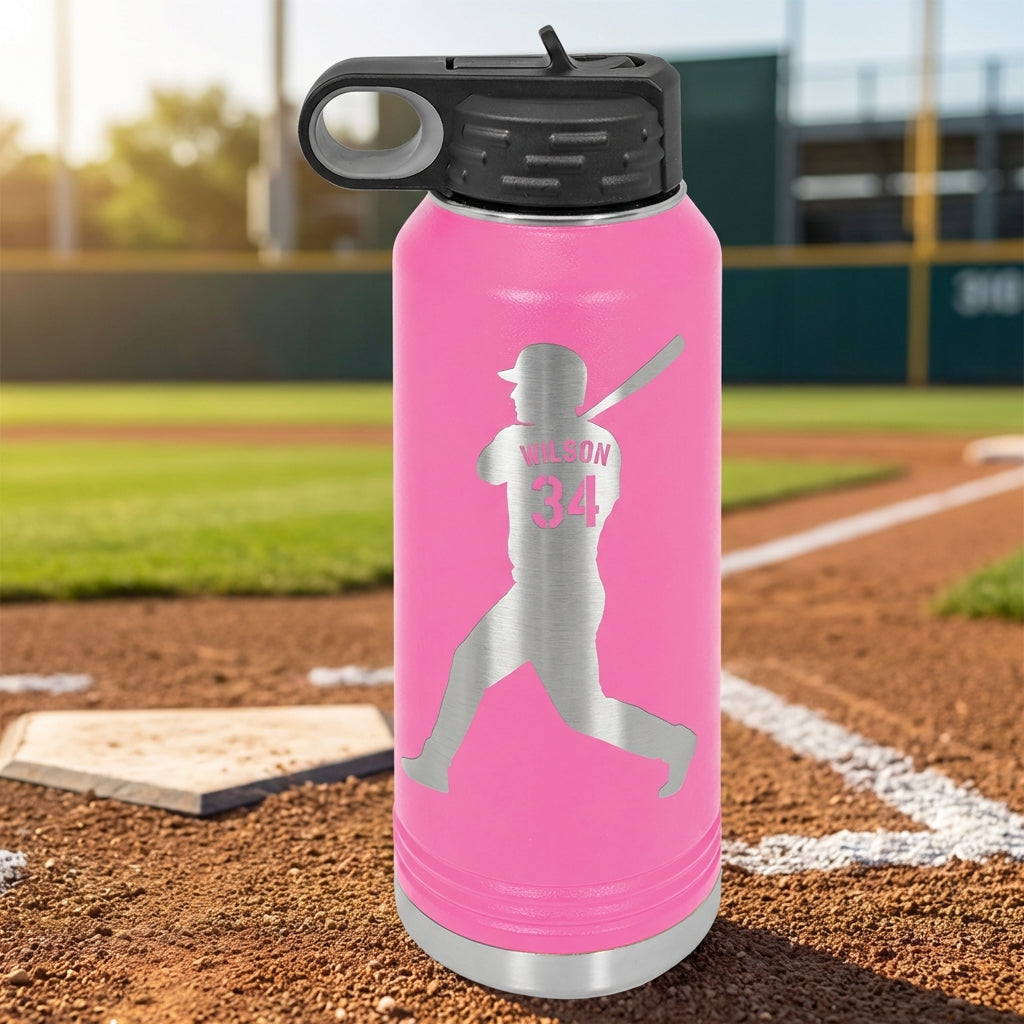 Personalized Baseball Player Water Bottle Gift - Custom Laser Engraved Name & Number - Durable 32oz Sport Hydration - View 4