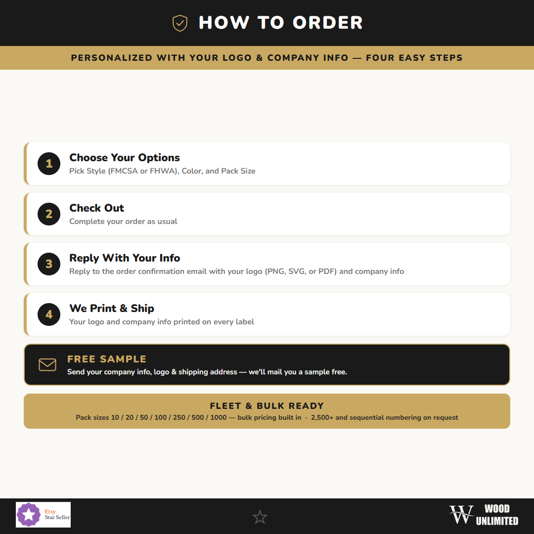How to order custom DOT inspection labels: choose style, color, pack size, then send your logo and company info