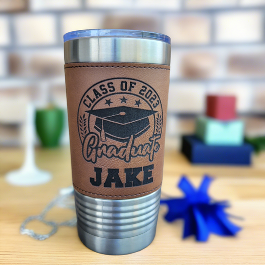 Personalized Graduation Drink Tumbler, Drink Tumbler Gift for Graduate, Graduation Gift for him, Engraved Leather Drink tumbler gift for graduation gift