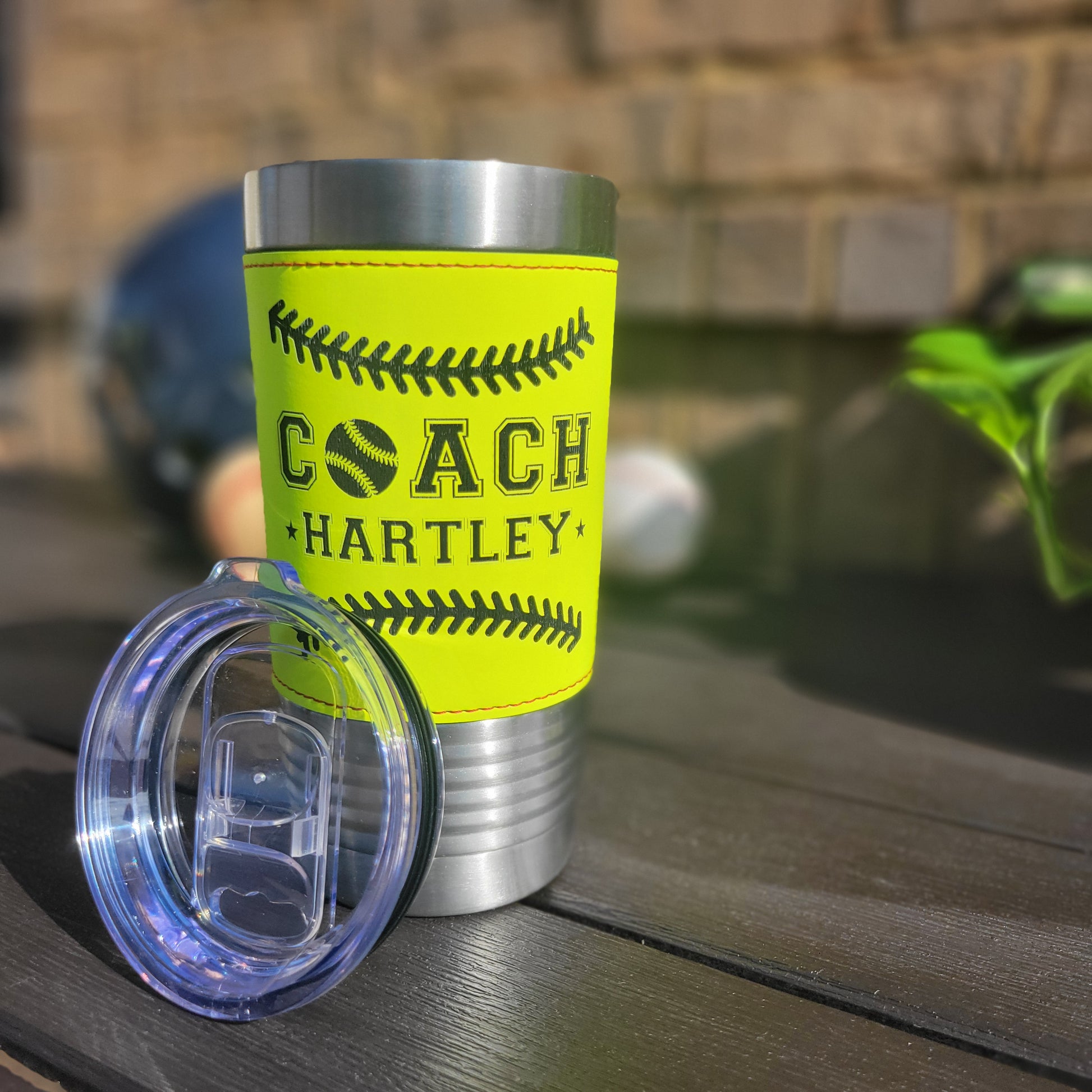 Personalized Softball Coach Drink Tumbler, custom drink tumbler gift for softball coach, real softball texture